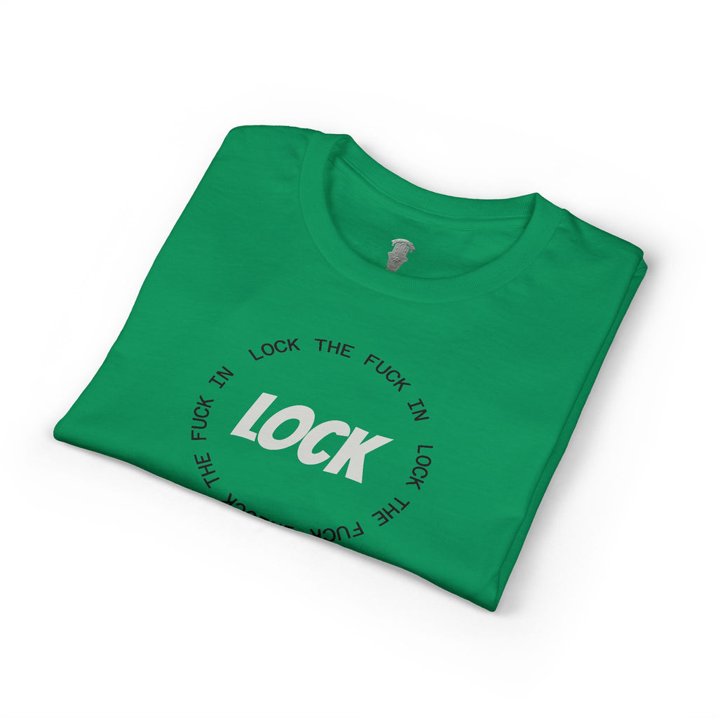 LOCK THE FUCK IN Graphic T‑Shirt — Bold Pink Logo Circle Design