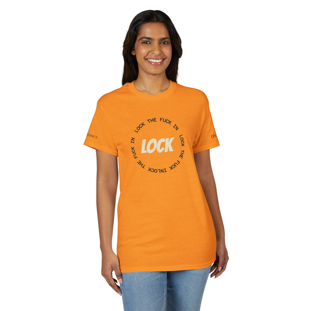 LOCK THE FUCK IN Graphic T‑Shirt — Bold Pink Logo Circle Design
