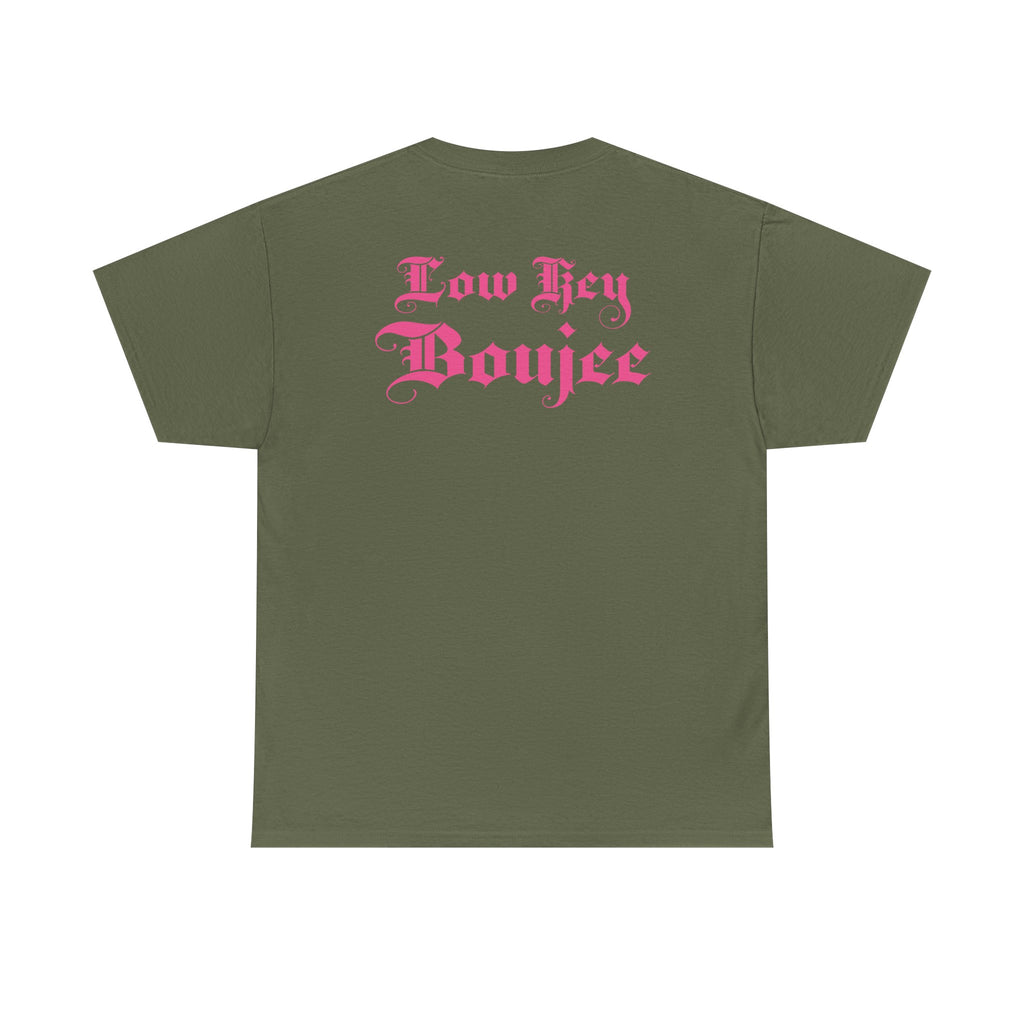Low Key Boujee Graphic Tee — Pink Gothic Back Print