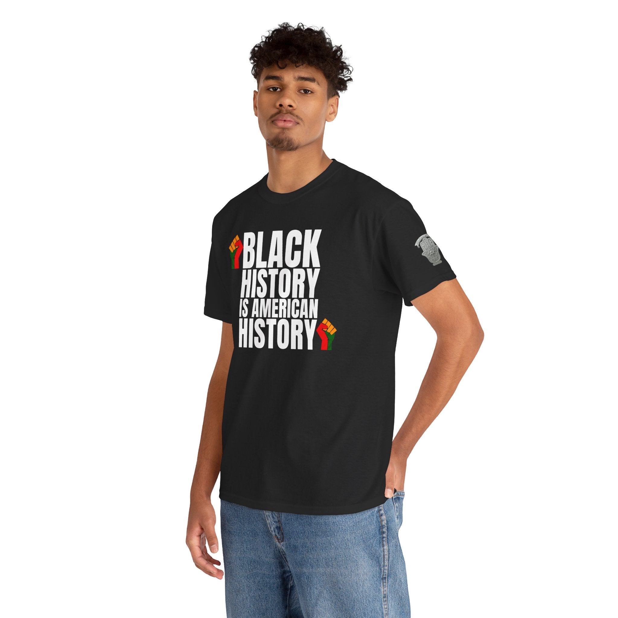 BLACK HISTORY IS AMERICAN HISTORY— Small Red, Black & Green Raised Fist Chest Design