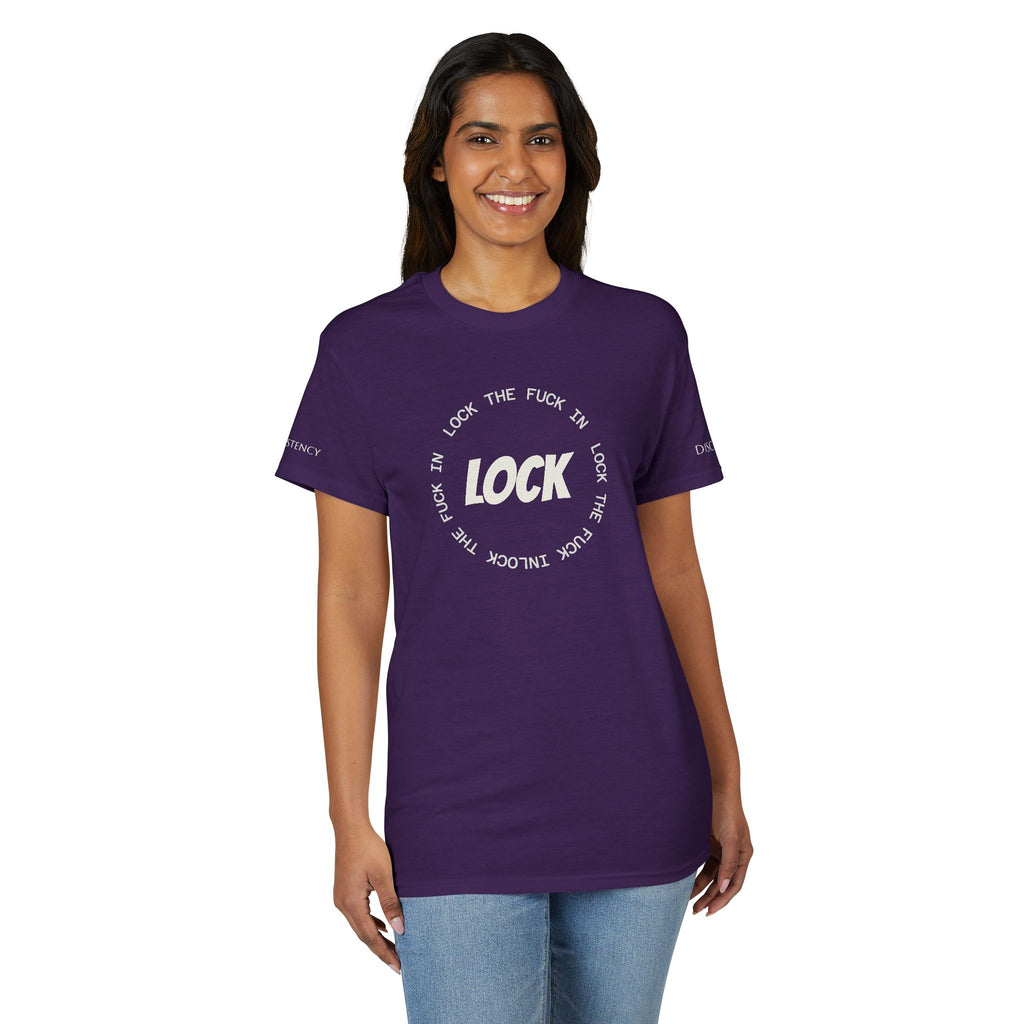 LOCK THE FUCK IN Graphic T‑Shirt — Bold Pink Logo Circle Design