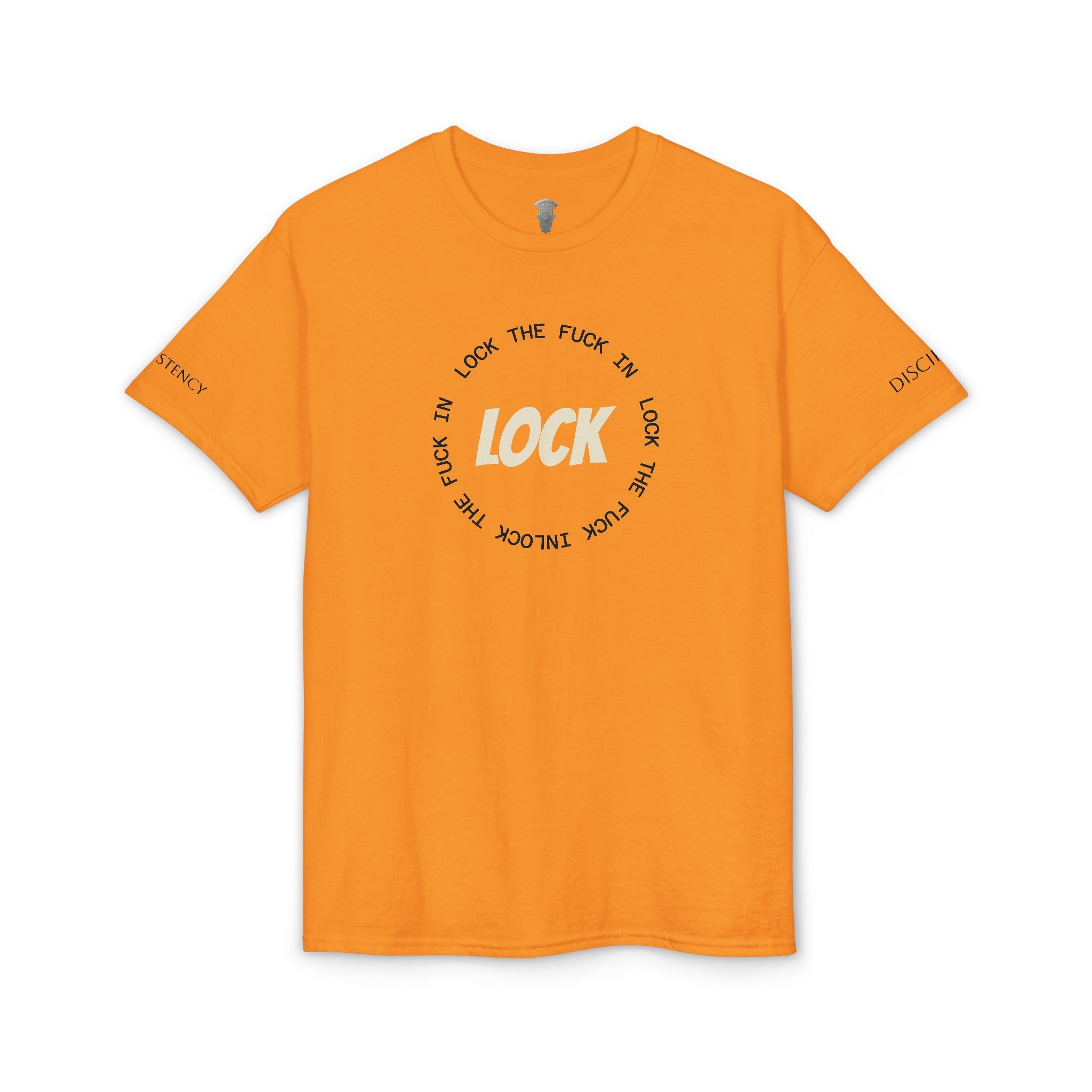 LOCK THE FUCK IN Graphic T‑Shirt — Bold Pink Logo Circle Design