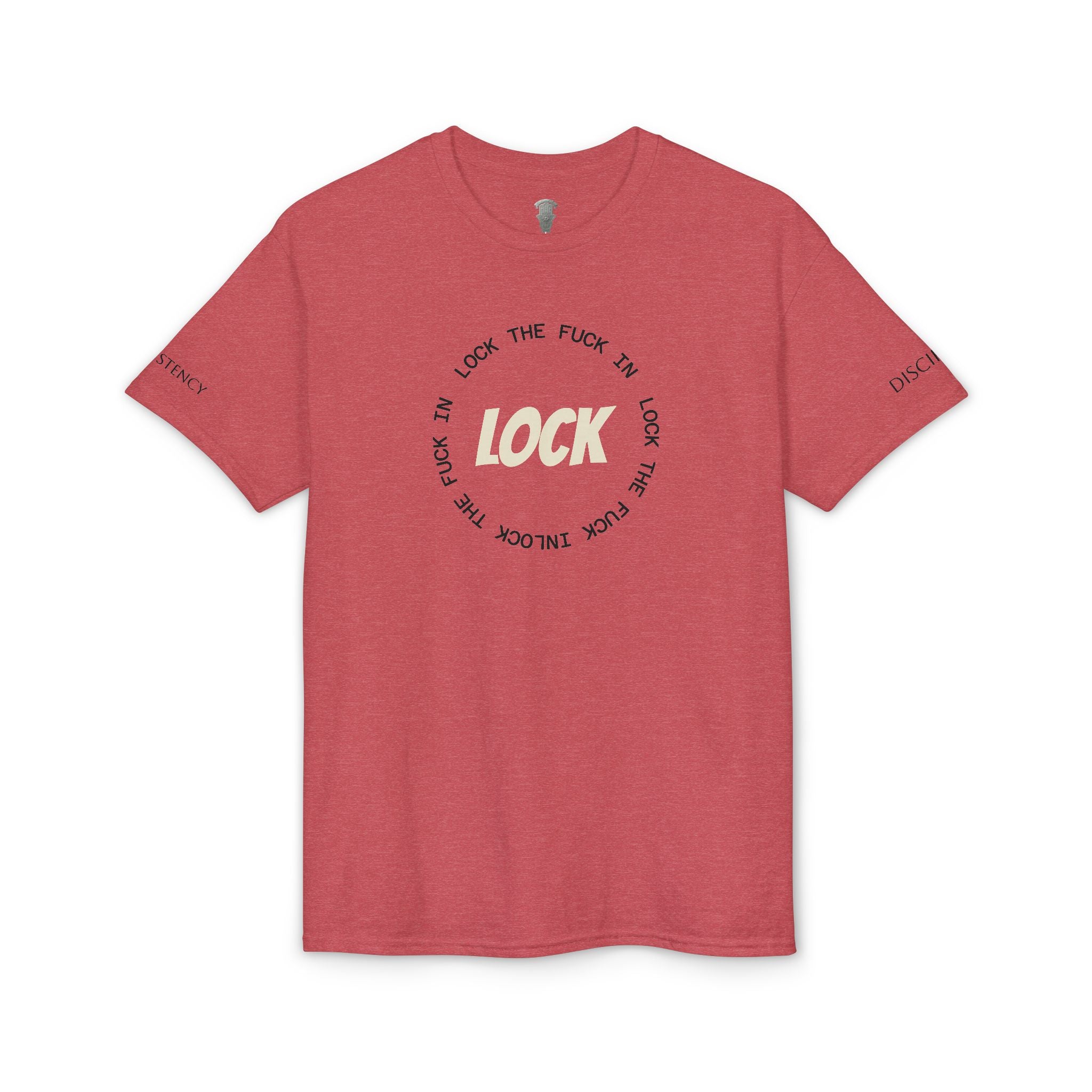 LOCK THE FUCK IN Graphic T‑Shirt — Bold Pink Logo Circle Design