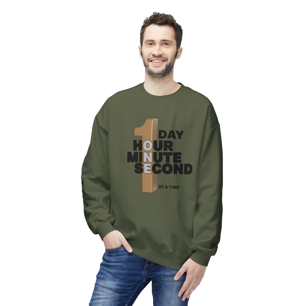 One Day, One Hour, One Minute, One Second Crewneck Sweatshirt – Inspirational Time-At-A-Time Graphic