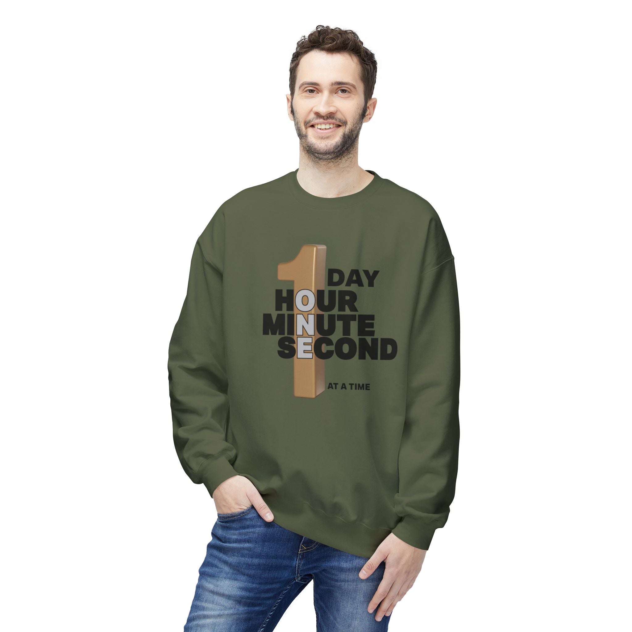 One Day, One Hour, One Minute, One Second Crewneck Sweatshirt – Inspirational Time-At-A-Time Graphic