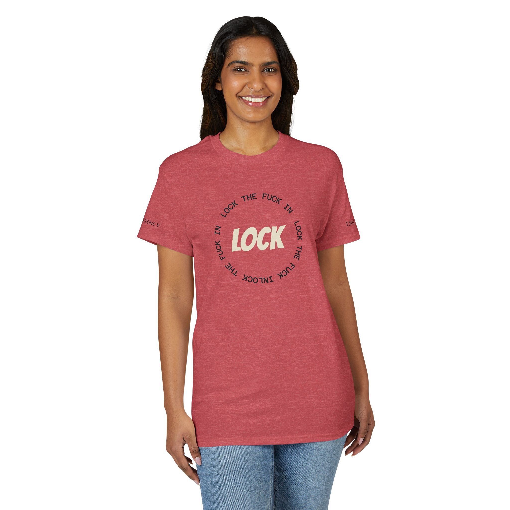 LOCK THE FUCK IN Graphic T‑Shirt — Bold Pink Logo Circle Design