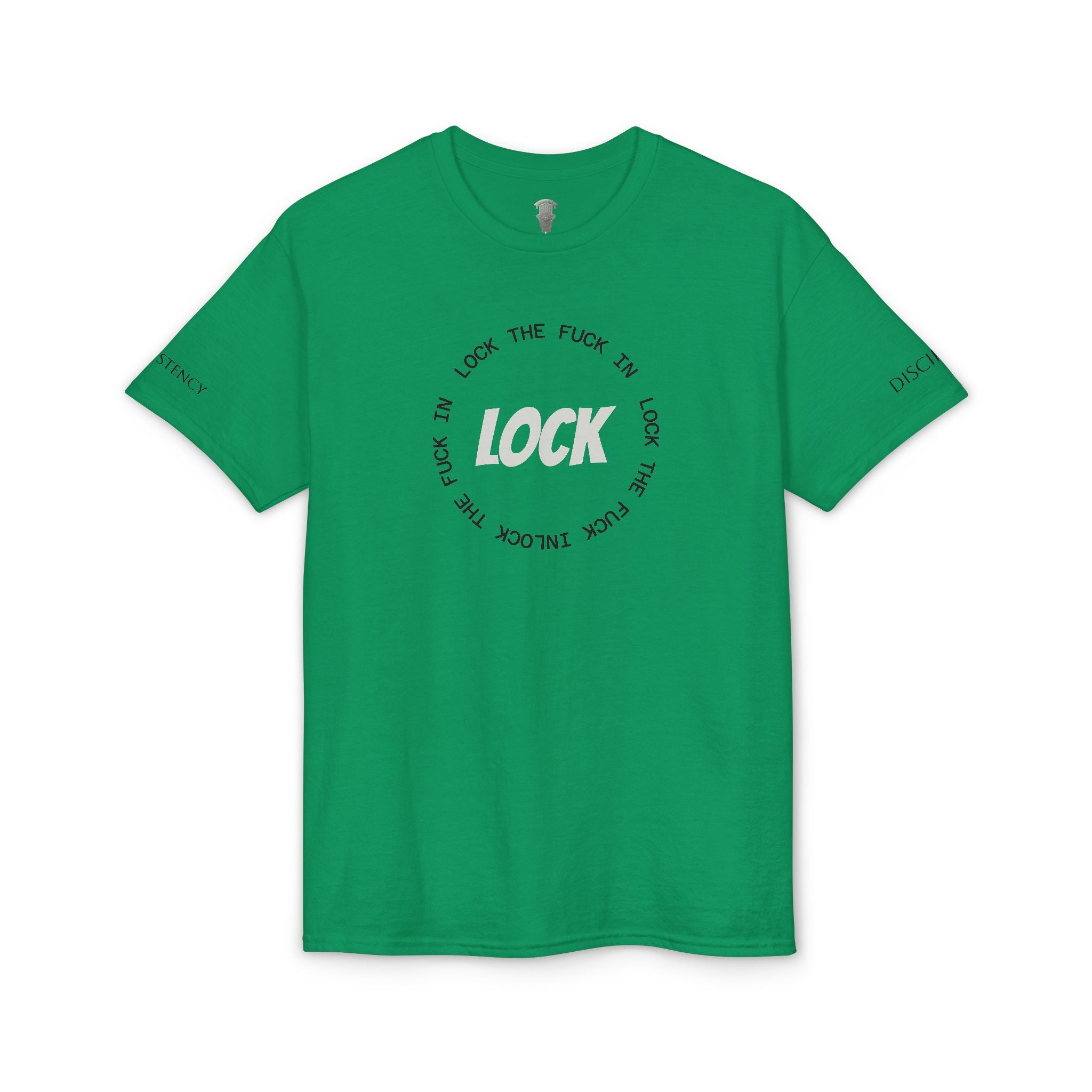 LOCK THE FUCK IN Graphic T‑Shirt — Bold Pink Logo Circle Design
