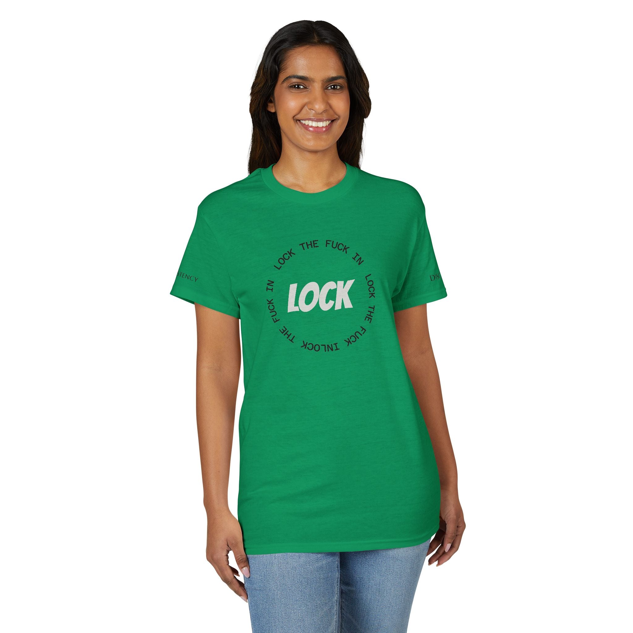 LOCK THE FUCK IN Graphic T‑Shirt — Bold Pink Logo Circle Design