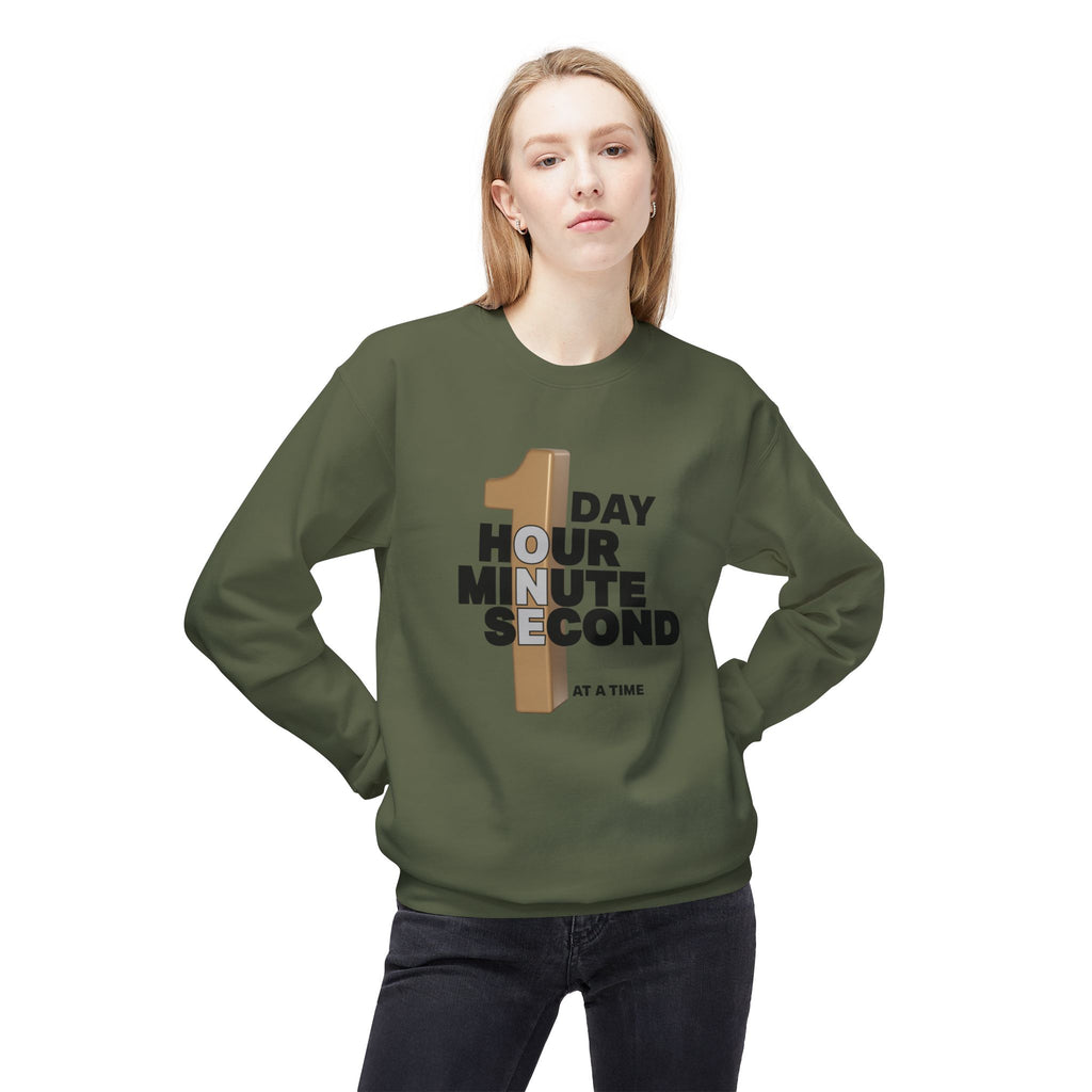 One Day, One Hour, One Minute, One Second Crewneck Sweatshirt – Inspirational Time-At-A-Time Graphic