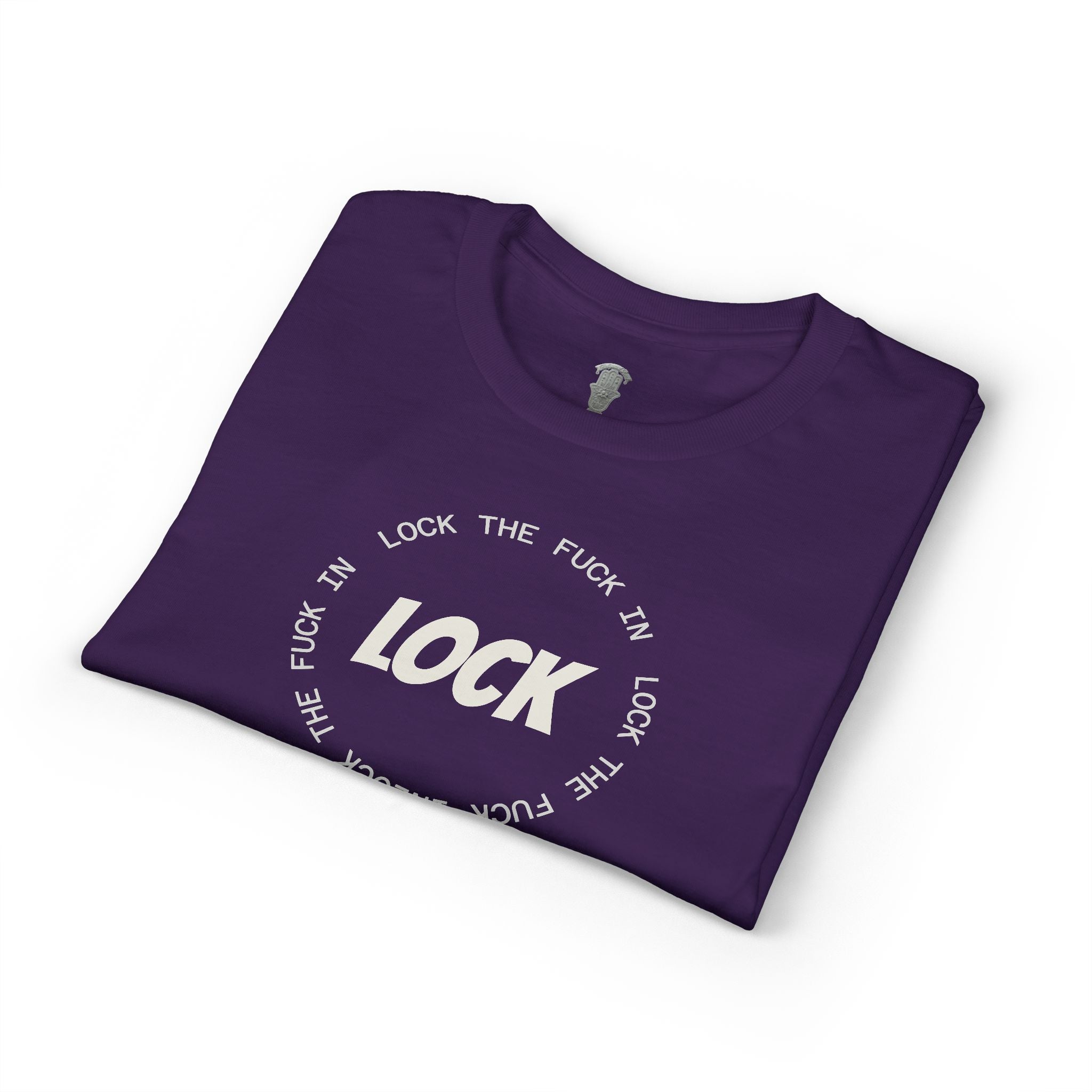 LOCK THE FUCK IN Graphic T‑Shirt — Bold Pink Logo Circle Design