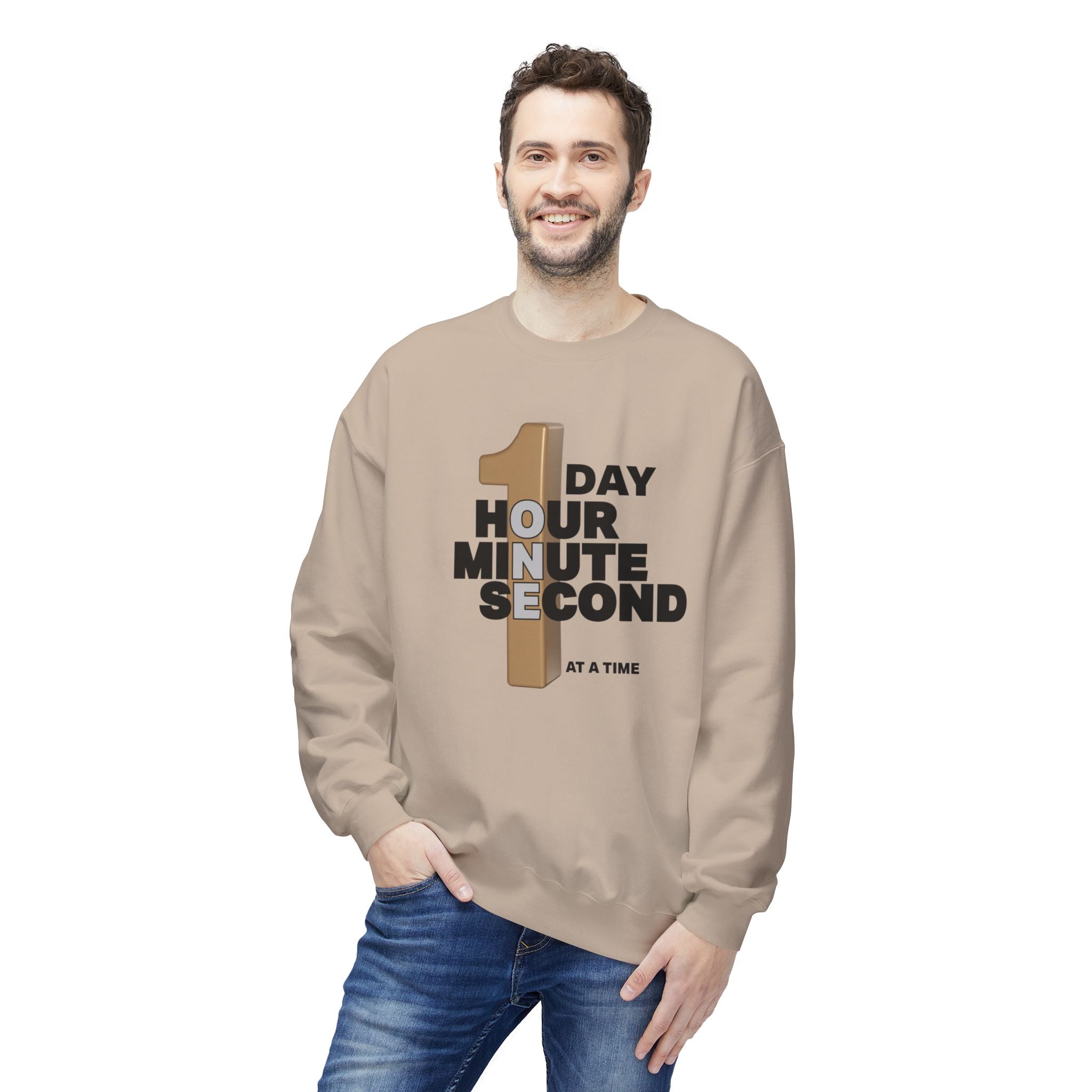 One Day, One Hour, One Minute, One Second Crewneck Sweatshirt – Inspirational Time-At-A-Time Graphic