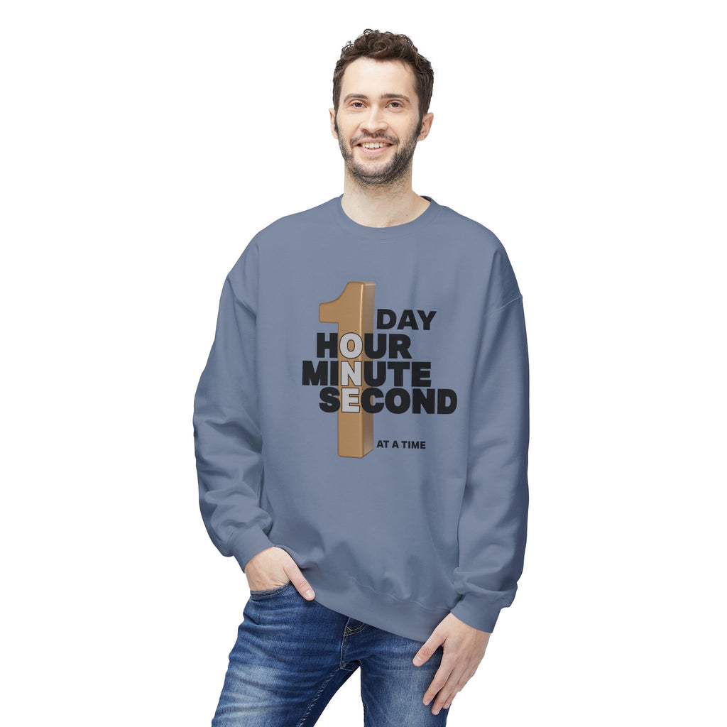 One Day, One Hour, One Minute, One Second Crewneck Sweatshirt – Inspirational Time-At-A-Time Graphic