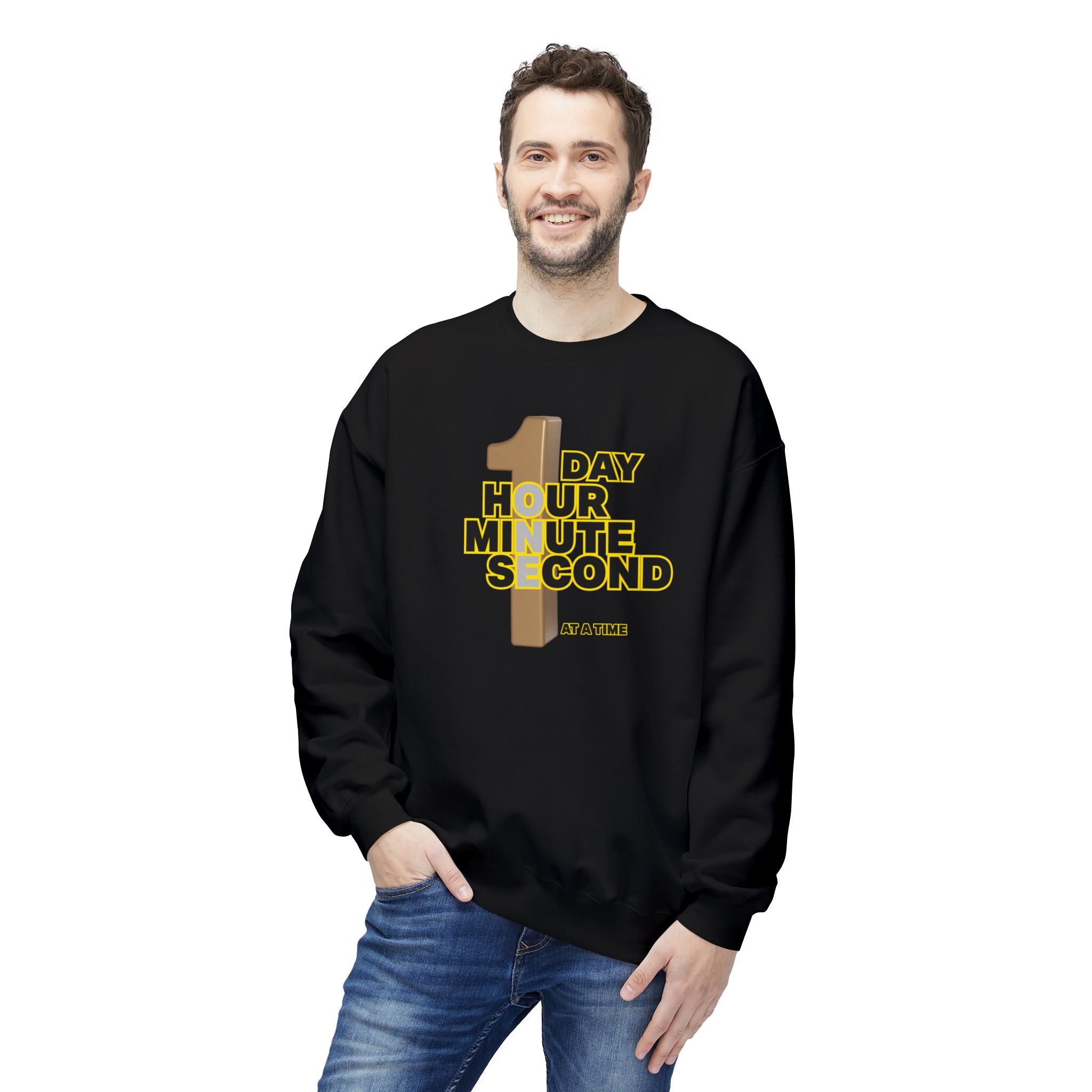 One Day, One Hour, One Minute, One Second Crewneck Sweatshirt – Inspirational Time-At-A-Time Graphic